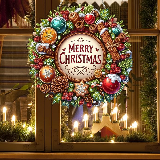 JJFox DIY Acrylic Diamond Art Painting Wreath Kits Special Shaped Rhinestone Diamond Art Window Pendants Home Garden Wall Hanging Kits Hanging Ornament (Merry Christmas)