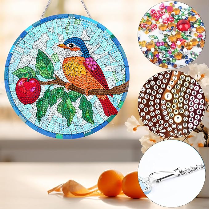 Bimkole Bird Diamond Art Hanging Kit for Adult, DIY 5D Diamond Art Flower Window Pendant, Acrylic Crystal Art Hanging Ornament Home Wall Garden Front Door Sign Outdoor Decor 7.8x7.8 Inch