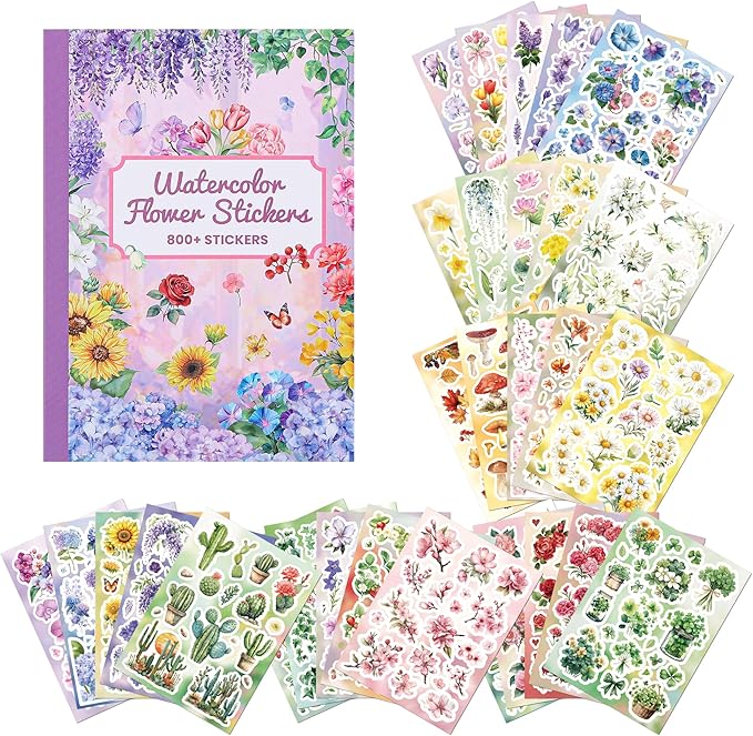 800+ PCS Floral Sticker Book for Journaling Supplies, Leaf Flower Watercolor Botanical Stickers for DIY Craft Scrapbooking Aesthetic Room Decor Junk Journal Bullet Journals Collage