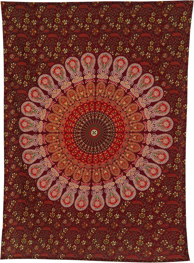 bless international handmade indian hippie bohemian psychedelic peacock mandala wall hanging college dorm beach throws table cloth bedding tapestry (maroon yellow, poster(30x40inches)(76x101cms))