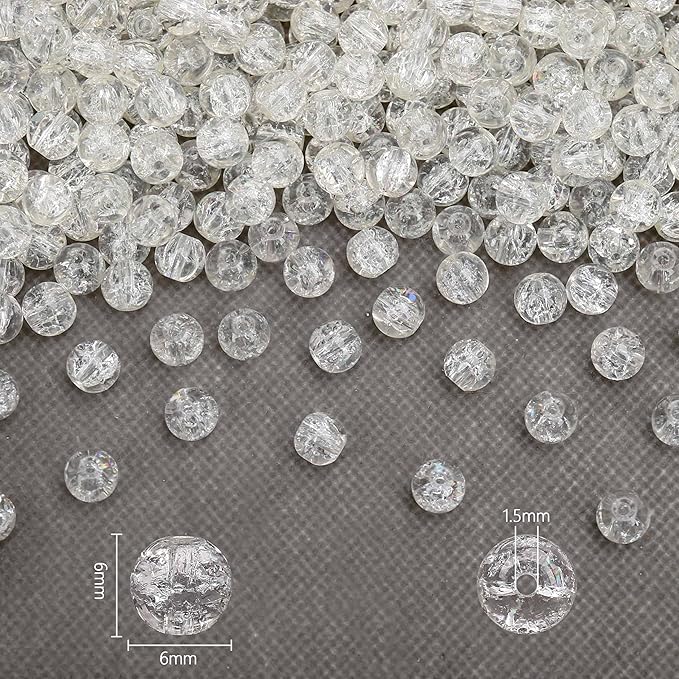 300PCs 6mm White Crackle Glass Beads Bulk, Round Smooth Hole Glass Crystal Beads for Jewelry Making, DIY Bracelets, Necklaces, Bag Charms, Keychains and Craft Projects