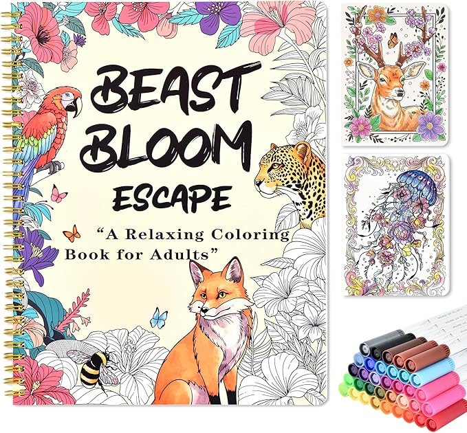 Adult Coloring Book Set with 36 Markers, Spiral Bound Floral & Animal Designs, Relaxing Creative Coloring Book for Adults, Valentine’s Gifts for Her