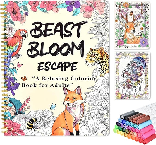 Adult Coloring Book Set with 36 Markers, Spiral Bound Floral & Animal Designs, Relaxing Creative Coloring Book for Adults, Valentine’s Gifts for Her
