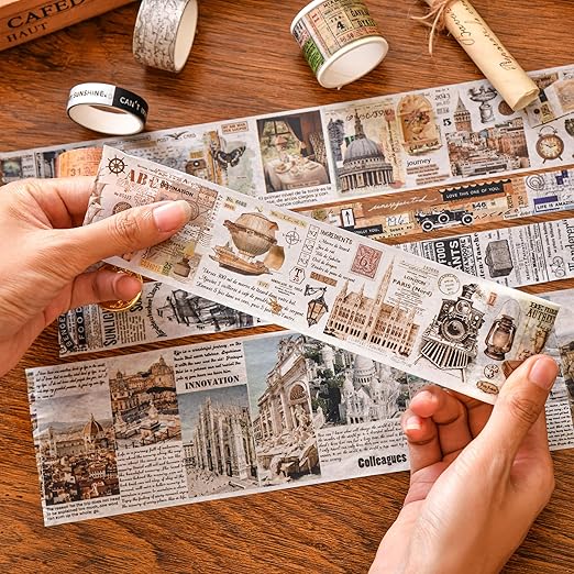 18 Rolls Vintage Washi Tape Pack Retro Arts Adhesive Tapes Wide Monologue Decorative Masking Tape Sets for Craft, Kids, Scrapbook, DIY, Gift Wrapping (Past Events)