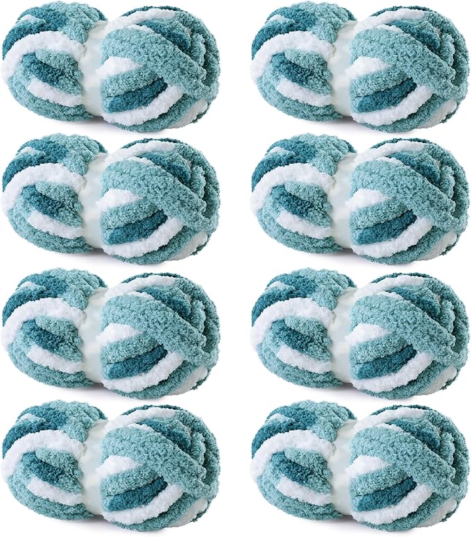 HOMBYS Chunky Tie Dye Mix Chenille Yarn for Hand Knitting, Super Bulky Jumbo Yarn for Crocheting, 3/4" Thick Soft Plush Yarn for Blankets, 8 Skein Pack (26 yds / 7.5 oz Each) Blue Multi,White