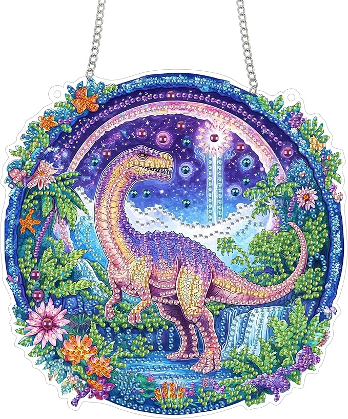 Yomiie DIY Double Sided Sun Catcher Window Hanging – Dinosaur Animal Diamond Painting Pendant Kits, 5D Acrylic Diamonds Hanging Craft for Adults, Diamond Art Ornament for Outdoor/Indoor Decor 8x8 inch