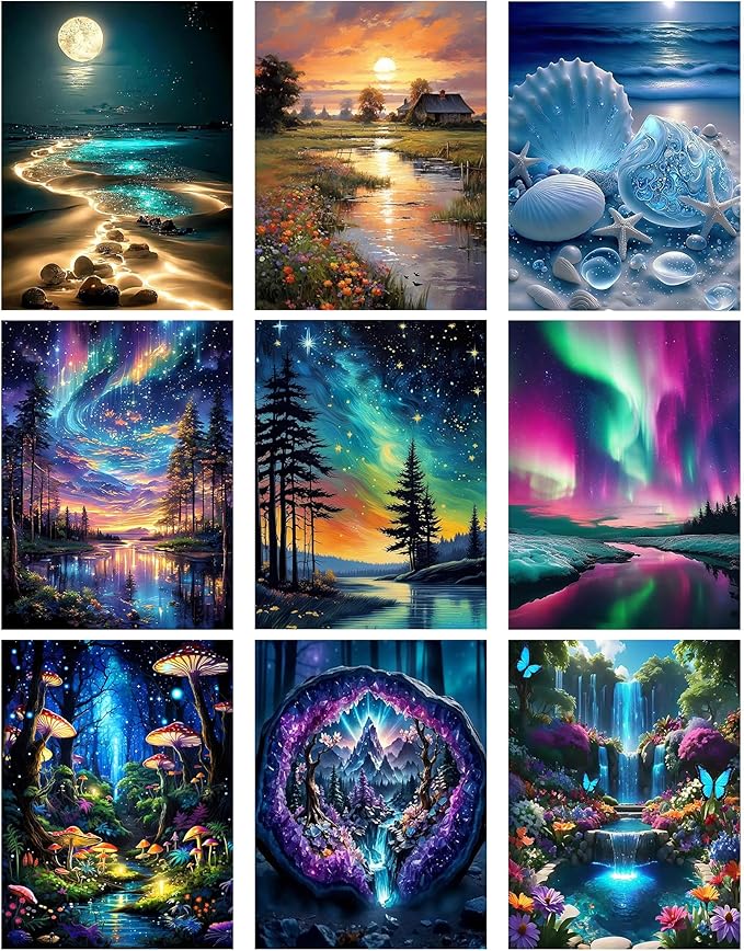 9 Pack Diamond Art Kits for Adults, Landscape Diamond Painting Kits for Adults, 5D DIY Round Drill Gem Art Paint With Diamonds Dots Crafts Ste for Home Decor Gift 12x16in (Beach, Starry Sky, Forest)