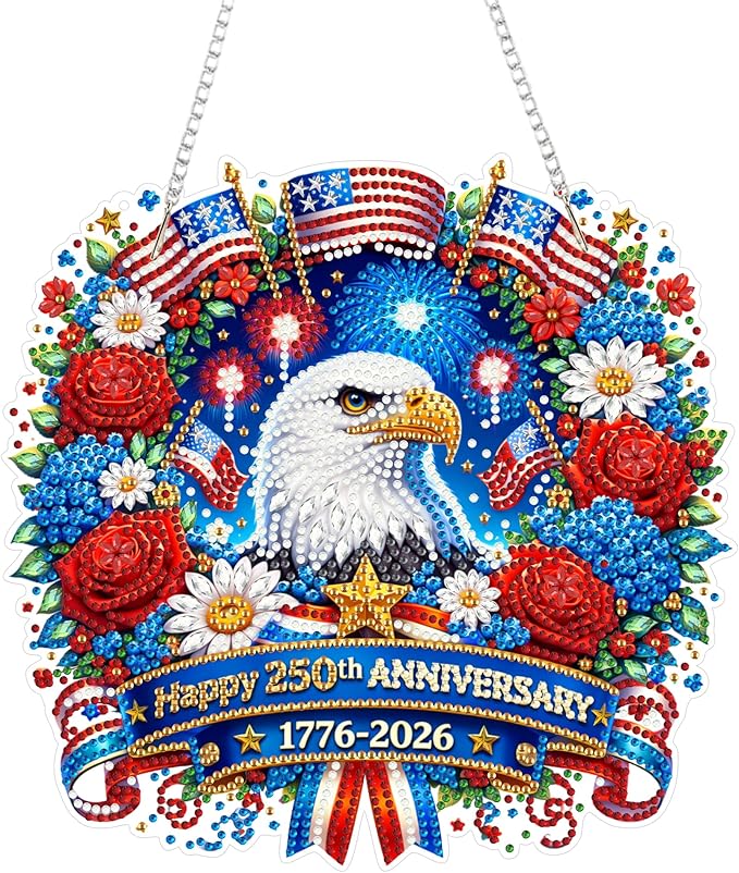 Eiflow 250th Anniversary Diamond Art Hanging Kit for Adults, DIY Diamonds Painting Door Hanger Board Kit 4th of July, Acrylic Crystal Diamond Art Painting Pendant Ornament (Ealge)