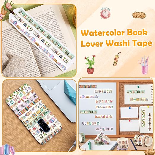 Watercolor Book Washi Tape - 12 Roll Lover Books Coffee Study Library Bookshelf Themed, Cozy Study Space Designs for Scrapbooking, Journaling, Gift Wrapping, Bookmark Making & Library Decor