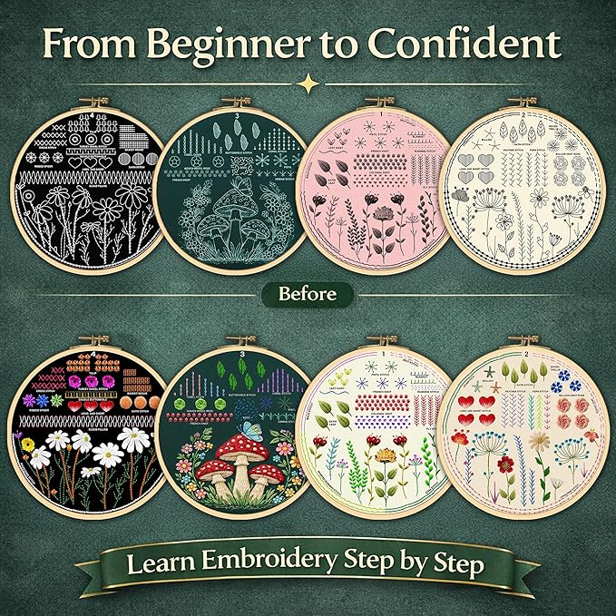 Moni Crafts - Embroidery Kit for Beginners Adults – Learn Embroidery Stitches, Complete Starter Kit with 4 Pre-Printed Patterns (Mushroom & Floral), Threads, Needles & Hoop – Video Tutorials