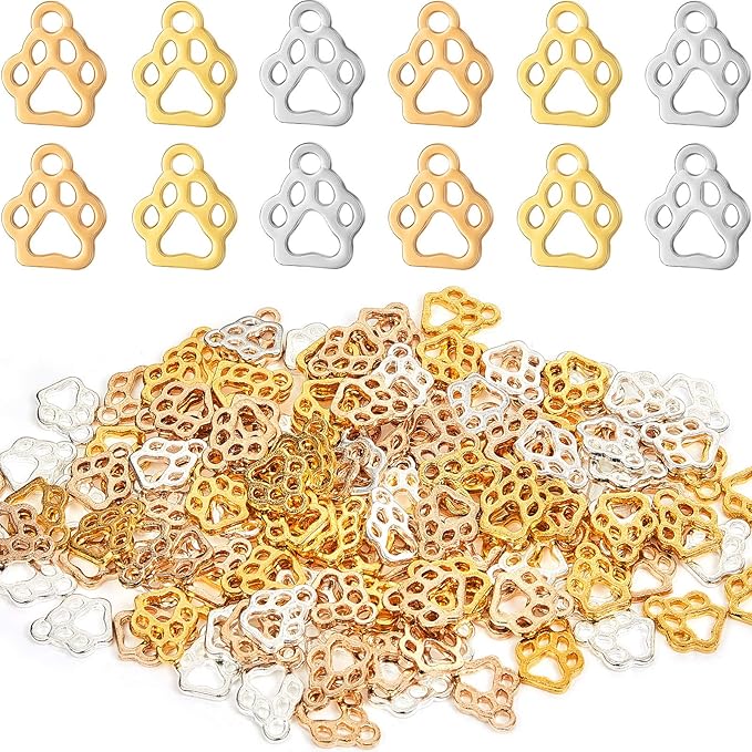 Hicarer 150 Pieces Animal Cat Dog Paw Charms Alloy Paw Print Charms Beads Animal Footprint Pendant Jewelry Findings for Jewelry Necklace Bracelet Making Supplies, 3 Colors