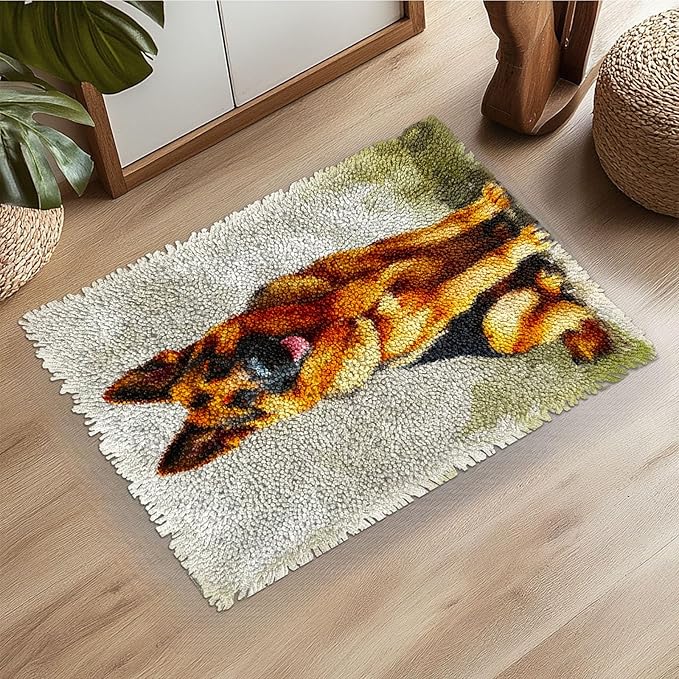 Latch Hook Rug Kit Cute German Shepherd Dog Pre-Printed Handmade Carpet Crochet Yarn Craft DIY Hook and Latch Door Mat Tapestry for Home Floor Decoration 52x38cm-1