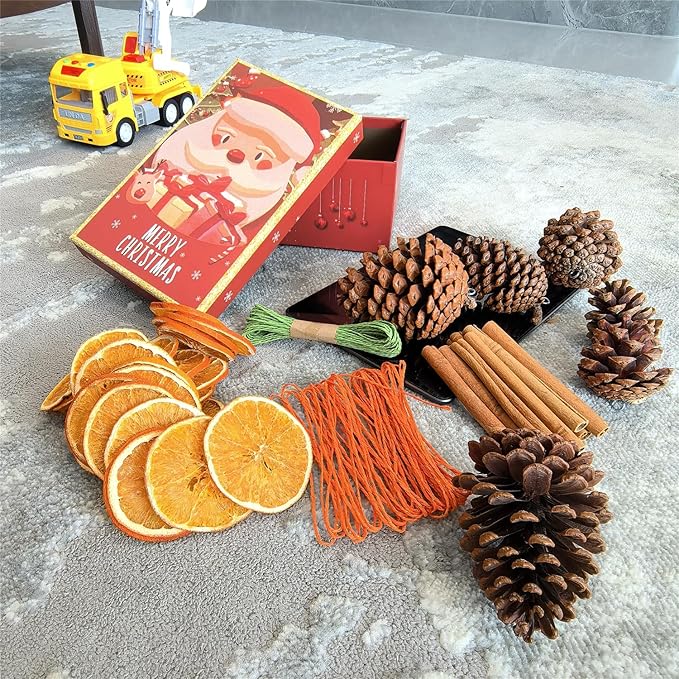 Natural Christmas DIY Decor Crafts Kit with Dried Orange Slices, Cinnamon Sticks, Pine Cones, Gift Box Set, DIY Holiday Decorations for Christmas Wreaths, Tree Ornaments, Home, Commercial Use