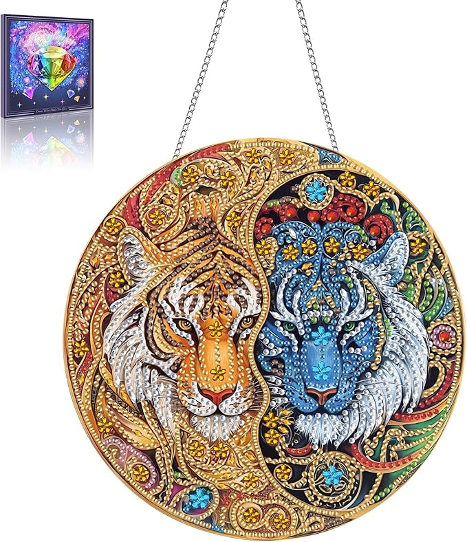 Wergund 5D DIY Tiger Diamond Art Hanging Kits, Hanging Diamond Art Animal, Acrylic Special Shaped Rhinestone, Window Hanging Pendants for Home Wall Garden Front Door Outdoor Decor Gift(Tiger)