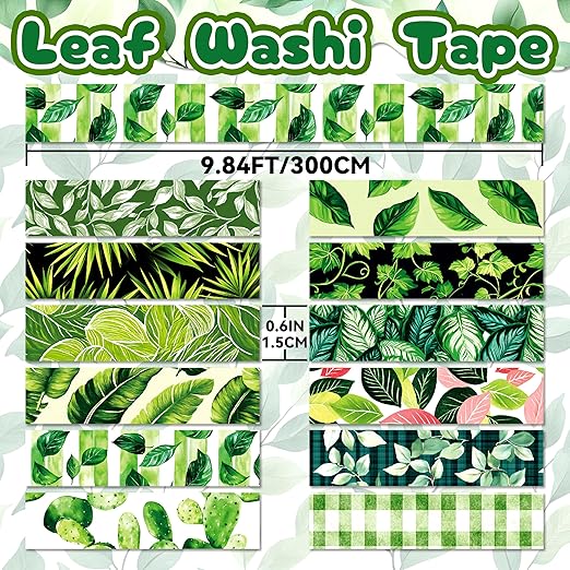 Green Plant Washi Tape Set, 12 Rolls Botanical Tape Green Leaves Decorative Tape Spring Tropical Masking Tapes for Journaling, Scrapbooking, Planners & DIY Crafts, Gift Wrapping
