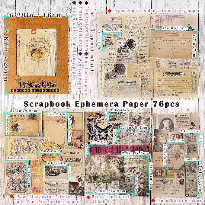 CATaireen Vintage Junk-Journal Mixed Paper Scrapbooking Embellishments Set Retro Journaling Decoupage Stickers Textured Packaging Decorative Cards Tags Kit (Old Photos 4)