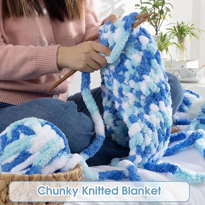 HOMBYS Chunky Tie Dye Mix Chenille Yarn for Hand Knitting, Super Bulky Jumbo Yarn for Crocheting, 3/4" Thick Soft Plush Yarn for Blankets, 8 Skein Pack (26 yds / 7.5 oz Each) Blue,Sky Blue,White