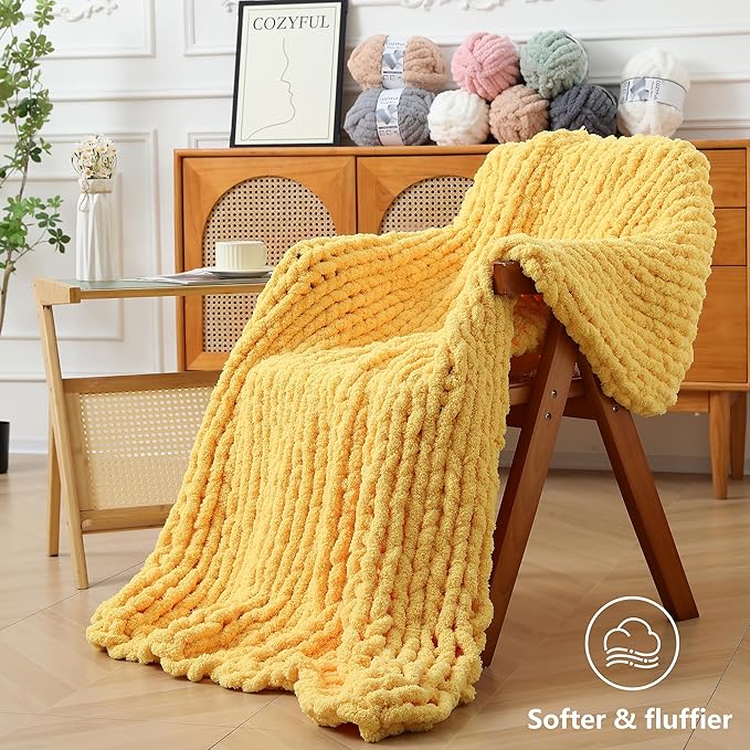 Chunky Yarn for Hand Knitting - #10 Chunky Chenille Yarn, Jumbo Big Thick Chunky Yarns for Crocheting, Super Bulky Chunky Knit Blanket Yarns, 8 Skein (25 yds 8 oz Each Skein), Yellow