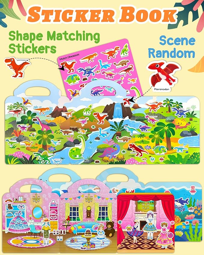 benresive reusable sticker books for toddlers, 3 sets travel stickers for kids, toddler sticker book, crafts activities for toddlers, 3 and up birthday gifts travel toys