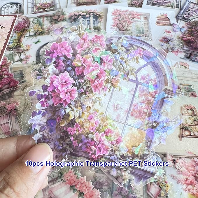 64 Sheets Vintage Floral Scrapbooking Kit, Precut Floral Natural Garden Flowers Butterfly Transparent PET and Washi Stickers with Scrap book Paper for Scrapbook Supplies Junk Journals Craft (Flower)