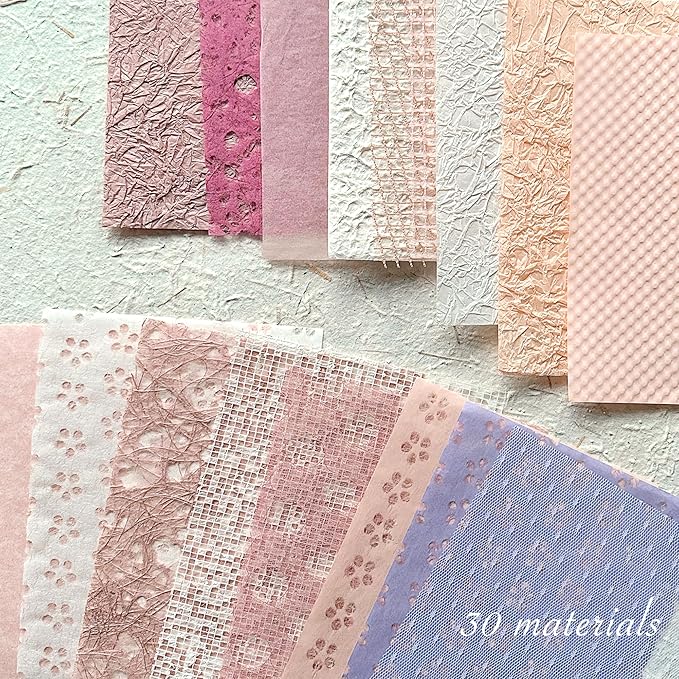 30Pcs Handmade Textured Scrapbook Paper&Mesh Fabric set - Unique A5 sheet Craft Mulberry Special Rice Paper Mix for Scrapbooking Junk Journaling Supplies Card Collage DIY Materials, 5.8x8.2 inches