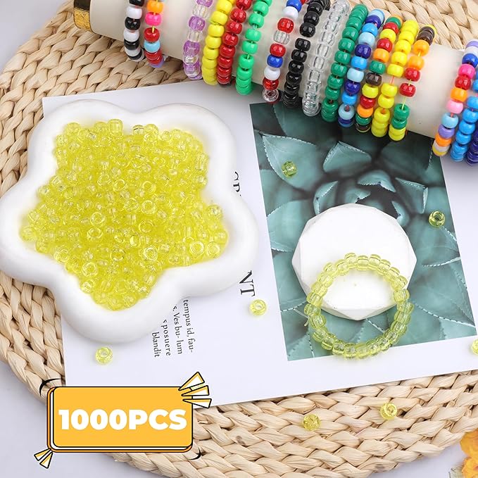 Plastic Pony Beads, 1000 Pcs, 6x9mm, for Bracelet, Hair Braiding, Friendship Bracelets, Jewelry Making (Yellow Glitter)