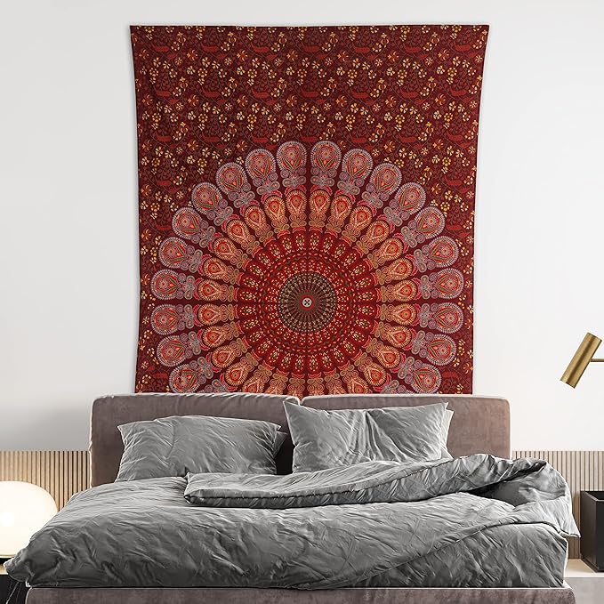 bless international handmade indian hippie bohemian psychedelic peacock mandala wall hanging college dorm beach throws table cloth bedding tapestry (maroon yellow, medium(54x60inches)(137x152cms))