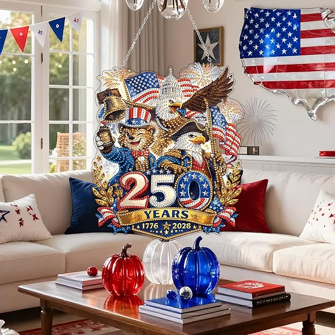 JJFox DIY Acrylic Diamond Art Painting Wreath Kits Special Shaped Rhinestone Diamond Art Window Pendants Home Garden Wall Hanging Kits Hanging Ornament (USA 250th)