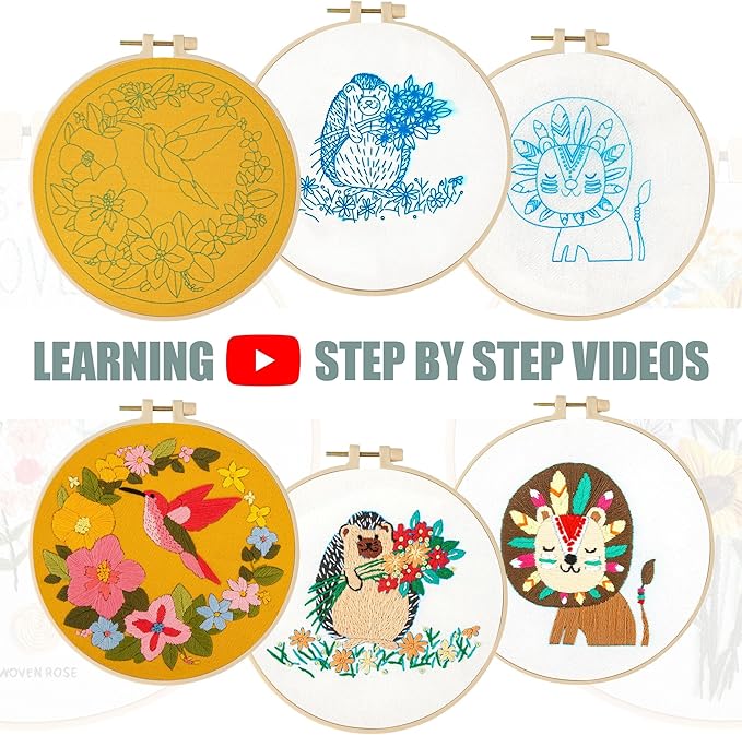 lx lermx embroidery kits for beginners, adult starter cross stitch kit needlepoint complete diy kit with unique patterns, hoop, colorful threads, tools, step by step instructions & video tutorial