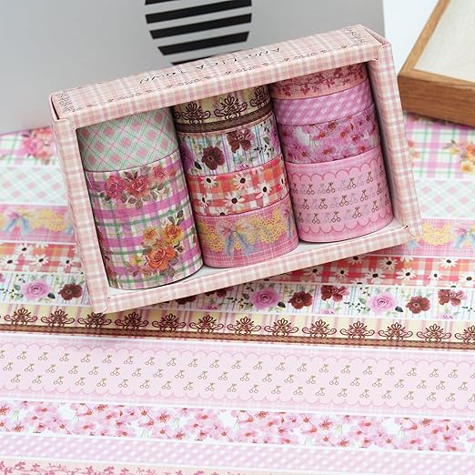 10 Rolls Vintage Floral Washi Tape Set Pastel Plaid Arts Adhesive Tapes Soft Colors Decorative Masking Tape Sets for Craft, Kids, Scrapbook, DIY, Gift Wrapping (Pink Blossom)