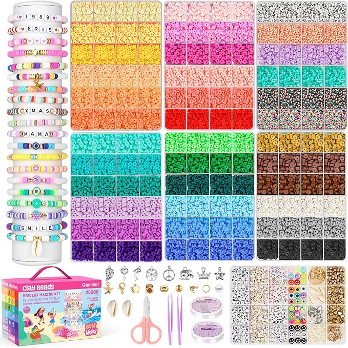 gionlion 25000 pcs clay beads bracelet making kit abundant single color heishi beads, 7 boxes polymer beads for bracelets jewelry making kit with charms, diy arts and crafts gifts