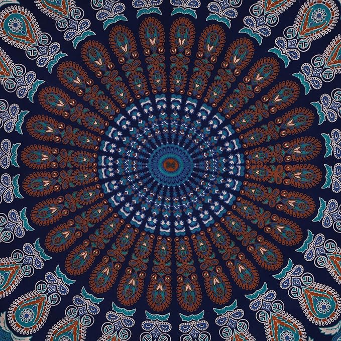 bless international handmade indian hippie bohemian psychedelic peacock mandala wall hanging college dorm beach throws table cloth bedding tapestry (blue green, queen(84x90inches)(215x230cms))