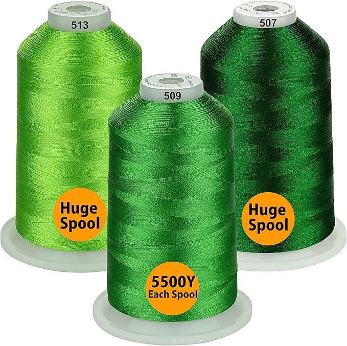 Simthread - 33 Selections - Various Assorted Color Packs of Polyester Embroidery Machine Thread Huge Spool 5500Y for All Purpose Sewing Embroidery Machines - 3 Differ Green