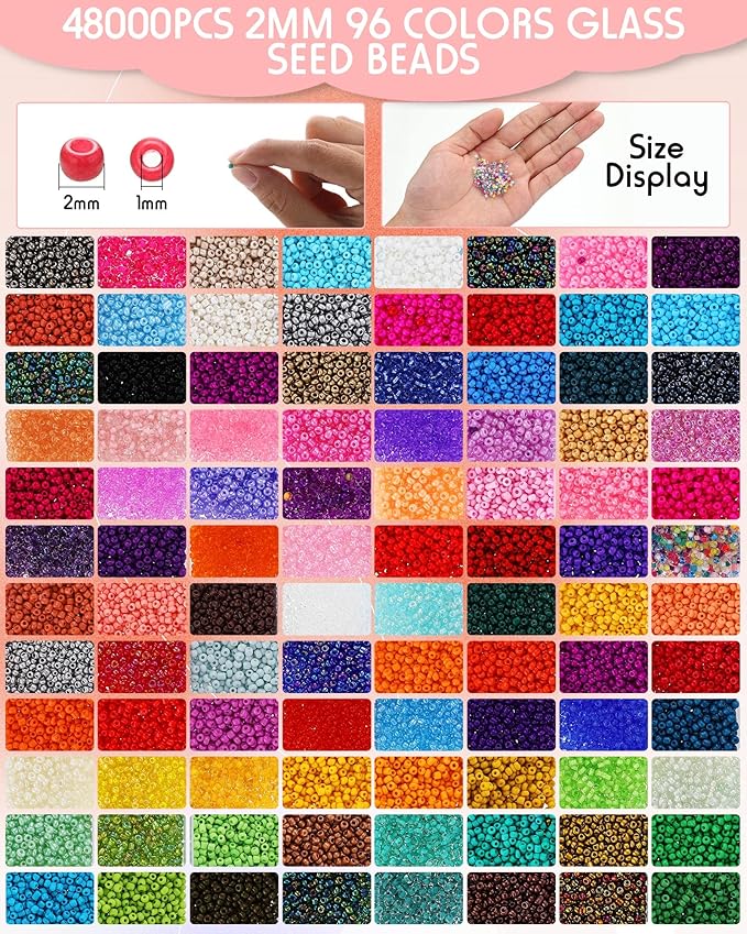 Jexine Bead Loom Kit for Adults 48000 Pcs Beading Loom Supplies with 96 Color 2 mm Glass Seed Bead Bracelets Valentine's Day Gifts Jewelry Earring Making Tools Gifts for Women DIY Craft