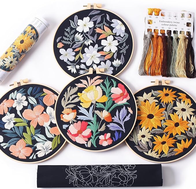 reewisly 4pcs of embroidery starter kit with patterns and instructions, diy beginner adult cross stitch kits, including 2 plastic embroidery rings, 1 scissors, colored threads and needles