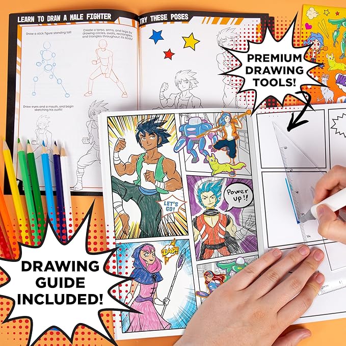 Made By Me Manga Artist Set - How to Draw Anime & Create 2 Comic Books - Great Gifts for Anime Enthusiasts - Awesome Art Kit for Kids