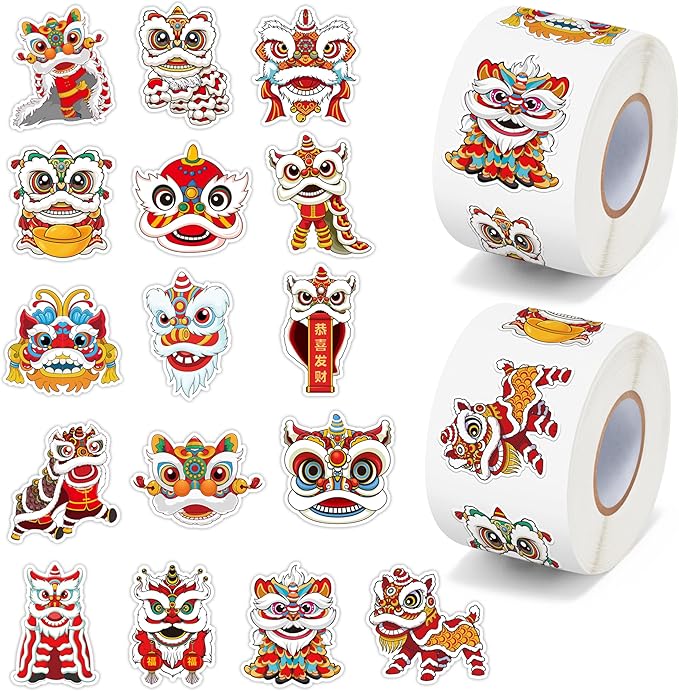 h1vojoxo chinese new year sticker rolls - 1000pcs chinese lunar new year stickers for kid 16 design cartoon lion dance stickers for craft waterproof lion dance decal decoration for water bottle laptop