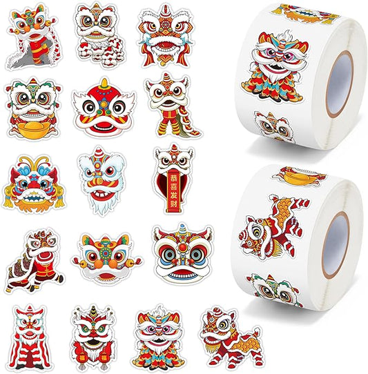 h1vojoxo chinese new year sticker rolls - 1000pcs chinese lunar new year stickers for kid 16 design cartoon lion dance stickers for craft waterproof lion dance decal decoration for water bottle laptop