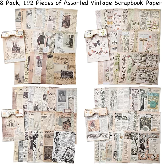 192 Sheets of Scrapbook Paper, Journaling Scrapbooking Supplies Craft Kits Vintage Room Decor Posters Decoupage Paper Ephemera for Junk Journals Bullet Journal Card Making Decorative Background