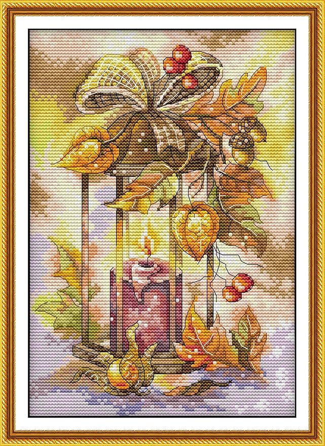 CaptainCrafts New Cross Stitch Kits Embroidery Kit Full Range Pre-Printed and Counted Fabrics Kits for Adults Beginners Home Decor (White Cloth Unpreprint 14CT, Autumn Lantern)