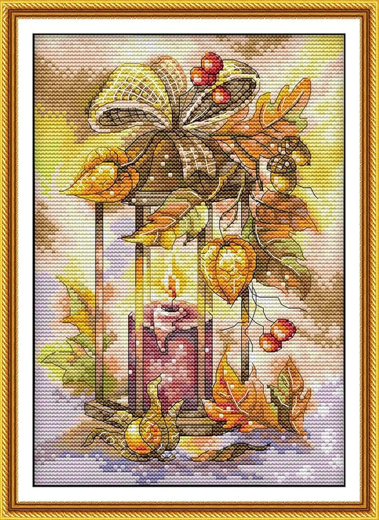CaptainCrafts New Cross Stitch Kits Embroidery Kit Full Range Pre-Printed and Counted Fabrics Kits for Adults Beginners Home Decor (White Cloth Unpreprint 14CT, Autumn Lantern)