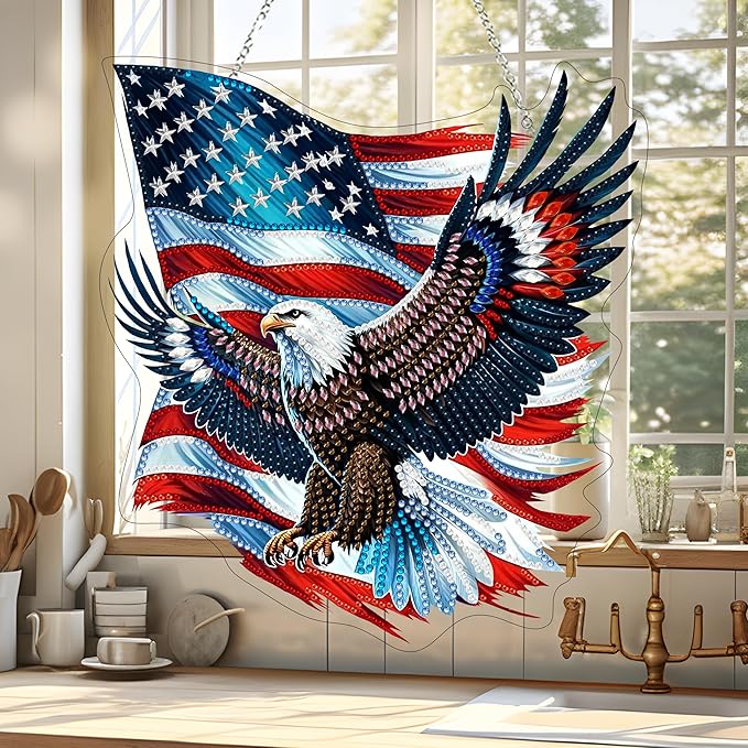 Diamond Art Hanging Kit for Adult,4Th of July Special Shaped Rhinestone,Double Sided DIY Acrylic Diamond Art Painting Window Pendants Home Garden Wall Hanging Kits Hanging Ornament (Independence Day)