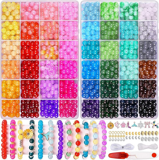 1711pcs 8mm Glass Beads for Jewelry Making - 48 Colors Crystal Glass Beads for Bracelets, Round Beads Friendship Bracelet Making Kit DIY Crafts for Adults
