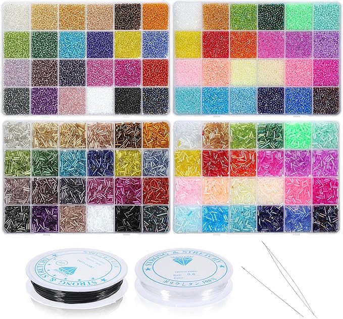 32000 Pcs 2mm Glass Seed Beads Small Craft Beads and 12000 Pcs 7mm Tube Bead Set, Glass Seed Bead Kit for DIY Bracelet Necklaces Crafting Supplies with Elastic Strings Beading Needles 96 Colors