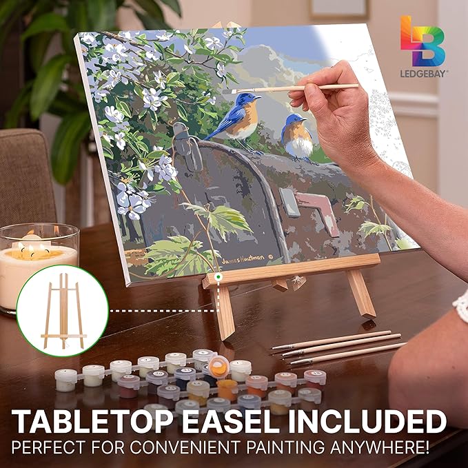 Ledgebay DIY Paint by Numbers Kit for Adults Framed Canvas Beginner to Advanced Paint by Numbers Kit Kits Include Acrylic Paint Set Brushes Tabletop Easel (Rural Route Bluebirds 12"x16" Framed)