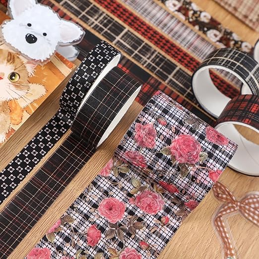 10 Rolls Vintage Floral Washi Tape Set Pastel Plaid Arts Adhesive Tapes Soft Colors Decorative Masking Tape Sets for Craft, Kids, Scrapbook, DIY, Gift Wrapping (Rose Plaid)