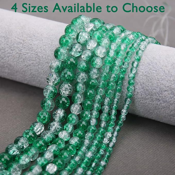 80PCs 10mm Green Crackle Glass Beads Bulk, Round Smooth Hole Glass Crystal Beads for Jewelry Making, DIY Bracelets, Necklaces, Bag Charms, Keychains and Craft Projects
