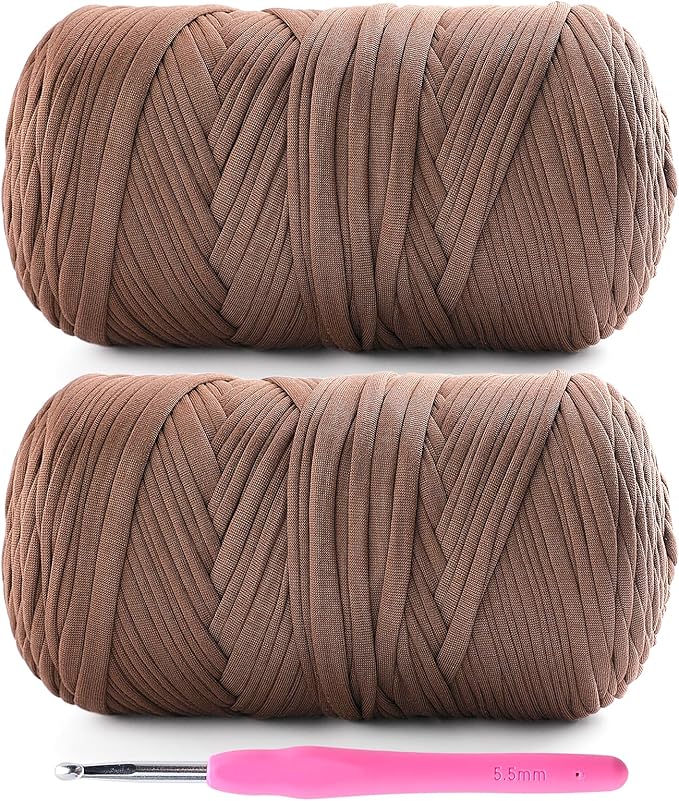 2 Pack T-Shirt Yarn for Crochet - 800 g/260 yds, Coffee, Soft Elastic Fabric, 1 Crochet Hook (2, G/6)