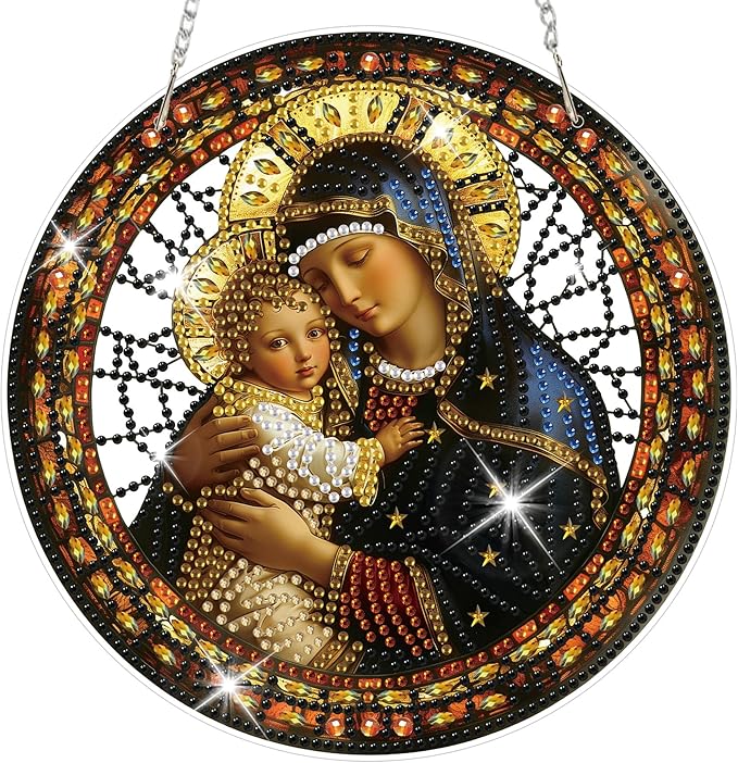 HEIBAGO Easter Diamond Art Hanging Kits for Adults, Diamond Art Suncatchers Virgin Mary, 5D Special Shape Diamond Painting Pendant, DIY Window Ornament Gifts for Home Garden Door Wall Decor 8.3x8.3 In