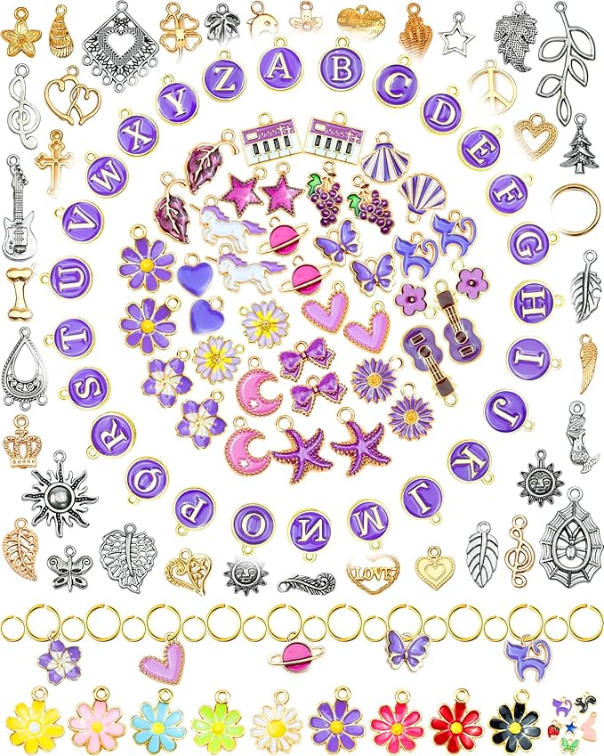 FIVEIZERO 216PCS Bracelet Charms for Jewelry Making – Assorted Gold & Silver Metal Enamel Pendants with Jump Rings for Necklaces, Earrings, & DIY Jewelry Crafts(Purple)